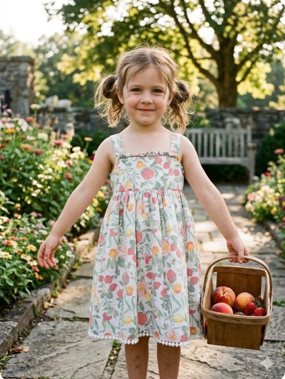 Sigrid Olsen White Floral Sundress with Pink, Yellow & Green Motif